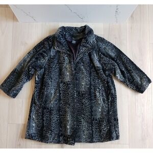 Vintage Faux Fur Coat Womens XL Black Grey Persian Lamb Style Astrakhan Jacket